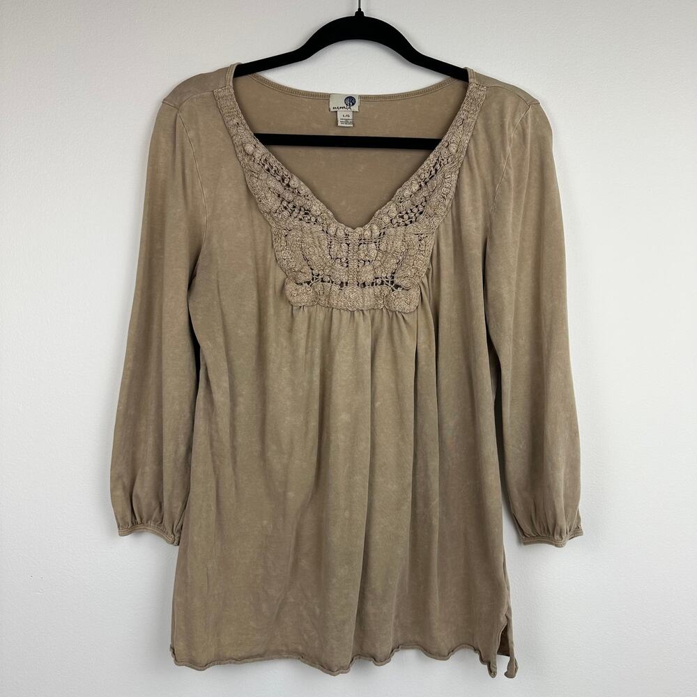 One World Womens Split V-Neck Long Sleeve Embroidered Stonewash Tan Tunic Large